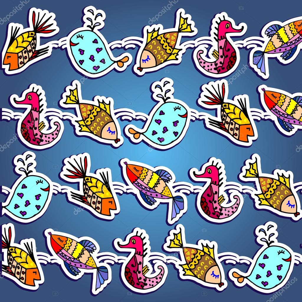 Cartoon fish, illustration of various marine animals, fish, whale, algae, backgrounds,pattern,