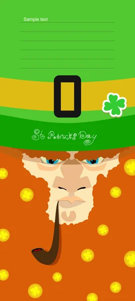 Kártya St. Patrick nap. Portréja egy kobold. Háttér St. Patrick nap. Egy szakállas öregember egy cső, lóhere, érmék. A hosszú szakálla — Stock Vector