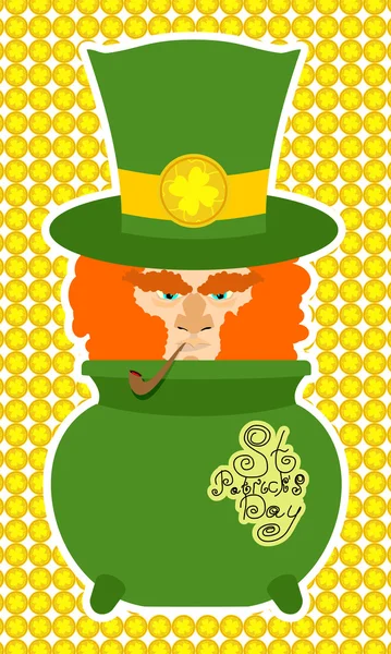 Card St. Patrick's Day. Ritratto di un folletto. Sfondo San Patrizio. Un vecchio barbuto con pipa, trifoglio, monete. Una lunga barba — Vettoriale Stock
