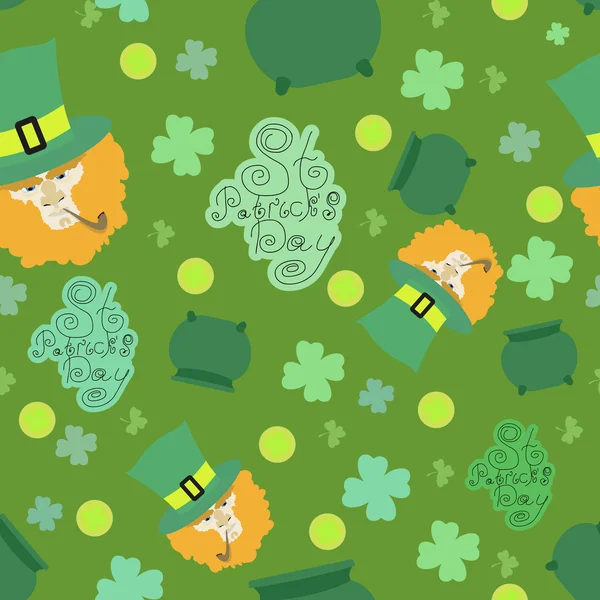 圣 Patrick 一天卡。圣 Patrick 天背景。无缝模式与蒙特，三叶草、 锅、 帽子 — 图库矢量图片
