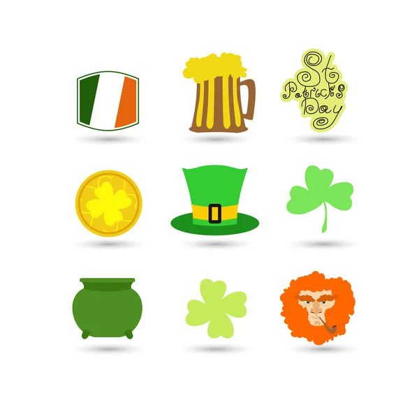 Conjunto de iconos y símbolos para la decoración del Día de Patrick - ilustraciones vectoriales pancarta de duende, trébol, caldero, bandera irlandesa, sombrero verde y pinta de cerveza — Vector de stock