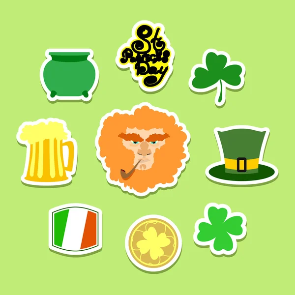 Set of icons and symbols for Patrick's Day decoration - vector illustrations leprechaun banner, clover, cauldron, irish flag, green hat and pint of ale — Stock Vector