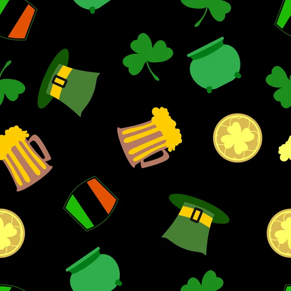 Tarjeta del Día de San Patricio. Fondo del Día de San Patricio. Patrón sin costura con Monteith, trébol, olla, sombrero — Vector de stock