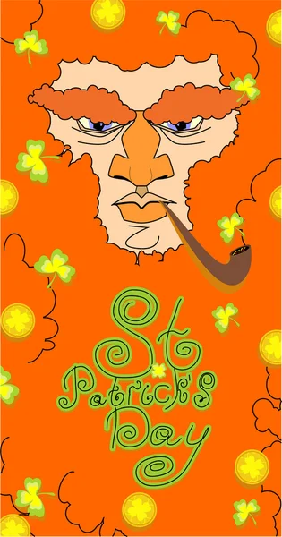 День Святого Патрика. Портрет лепрекона. Предыстория St. Patrick 's Day. Бородатый старик с трубкой, трилистником, монетами. Длинная борода — стоковый вектор