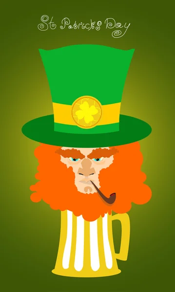 Carte Saint-Patrick. Portrait d'un lutin. Contexte Saint-Patrick. Un vieil homme barbu avec une pipe, un trèfle, des pièces. Une longue barbe — Image vectorielle