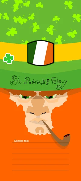 Kártya St. Patrick nap. Portréja egy kobold. Háttér St. Patrick nap. Egy szakállas öregember egy cső, lóhere, érmék. A hosszú szakálla — Stock Vector