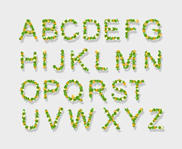Шрифт "Зеленые листья", день святого Патрика, шрифт клевера , — стоковый вектор