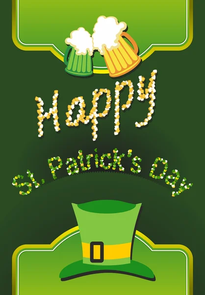 Carte de jour Happy St Patricks avec bière, trèfle porte-bonheur — Image vectorielle