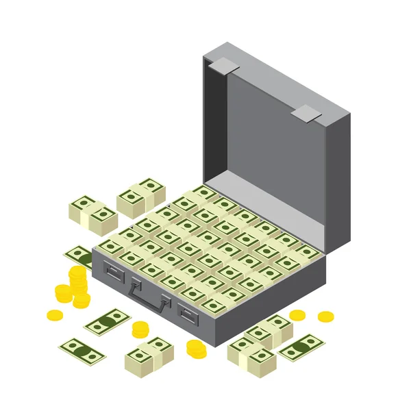 Maleta de dinero, fajos de dólares y monedas. En persp isométrico — Vector de stock