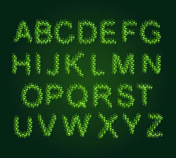 Eco alfabet. Bladeren lettertype groen. brieven van de boom bladeren — Stockvector