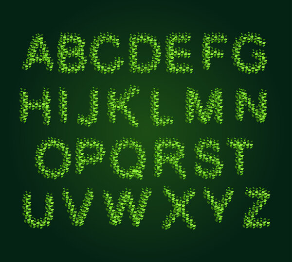 Eco alphabet. Leaves  Font Green. letters from the tree's leaves