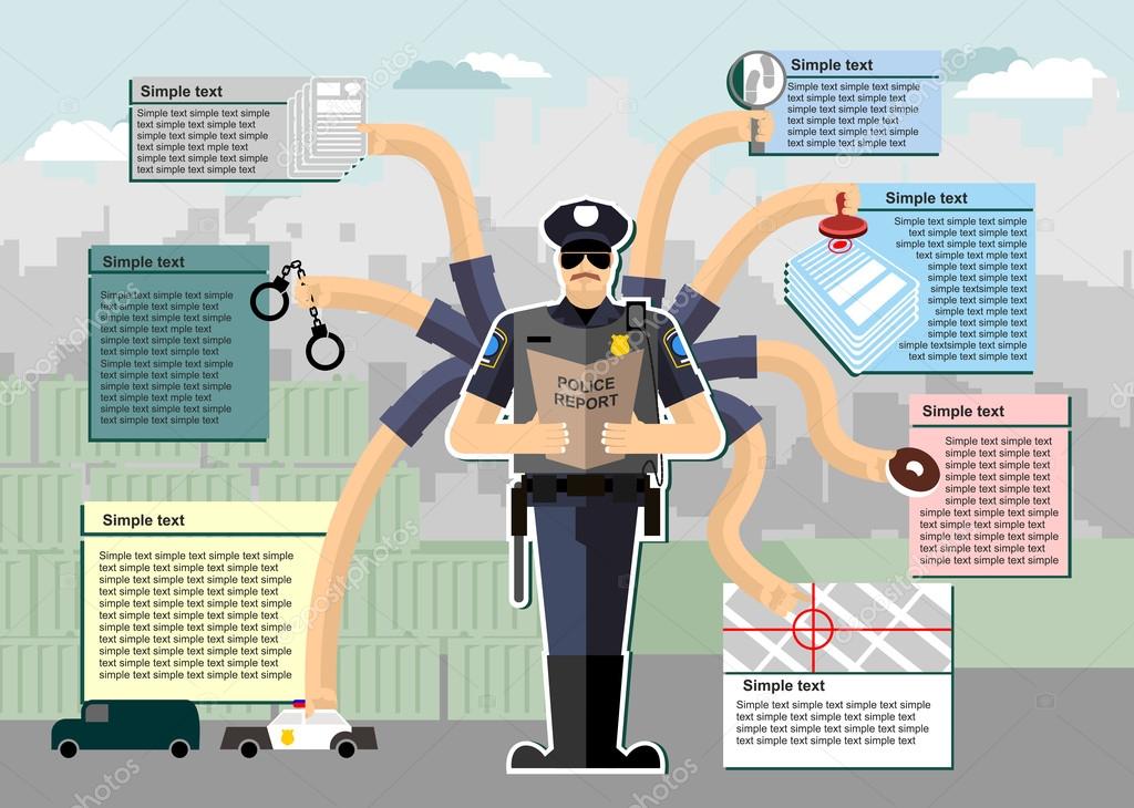 Infografía policial. Policía en el trabajo. Tiempo de trabajo. Servicio