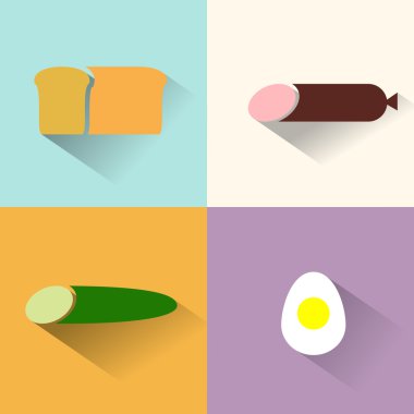 Yemek için düz simgeler. salatalık, salam, sosis, ekmek vektör hastası