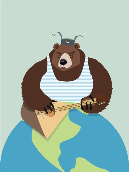 Oso de Rusia. En las orejeras, tocando el balalaika. Tierra pla — Vector de stock