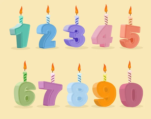 Definir números de desenhos animados velas de aniversário. Ilustração vetorial — Vetor de Stock