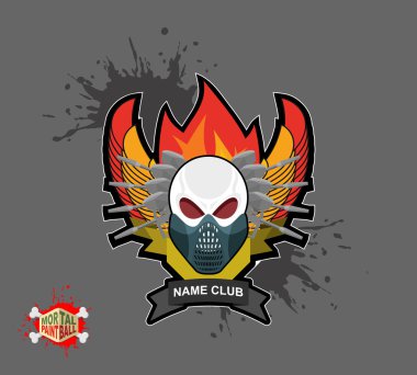 Kafatası maskeli paintball, paintball tabancaları. Kanatlar, silah ve alev.