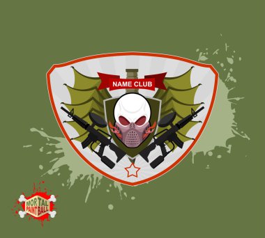 Kafatası maskeli paintball, paintball tabancaları. Kanatlar, silah ve alev.