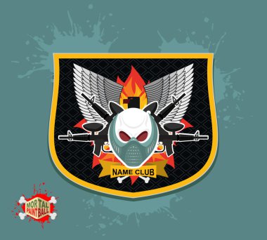 Kafatası maskeli paintball, paintball tabancaları. Kanatlar, silah ve alev.