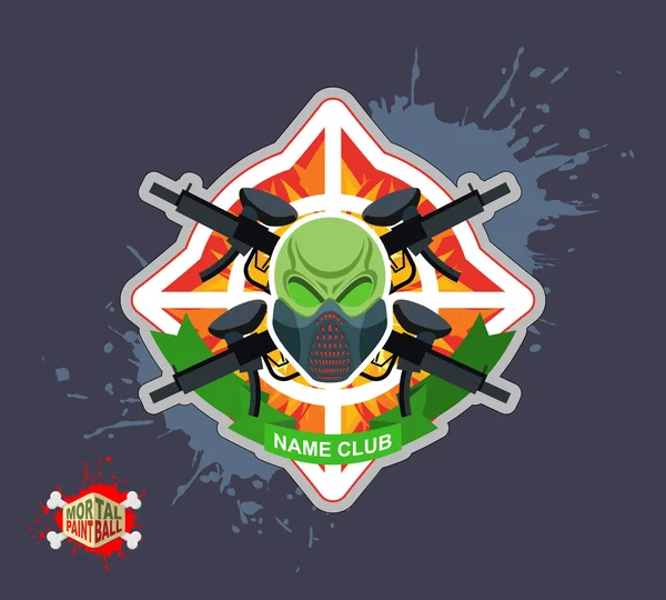 Paintball-Team-Logo und Emblem. Gruseliger Schädel in Paintball-Maske — Stockvektor