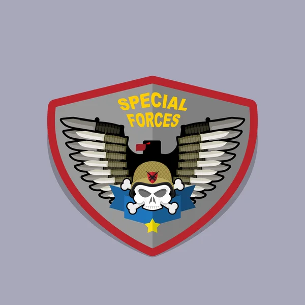 Έμβλημα του πολέμου. Στρατιωτική λογότυπο. Κρανίο φορώντας ένα κράνος με ένα όπλο — Διανυσματικό Αρχείο