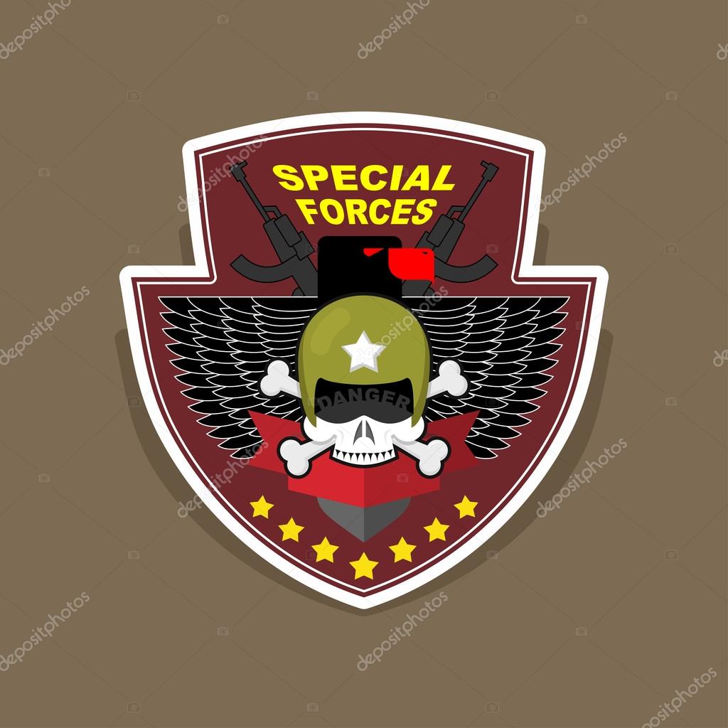 Military Emblem with a skull and the weapon. Wings on shield. war logo special force.