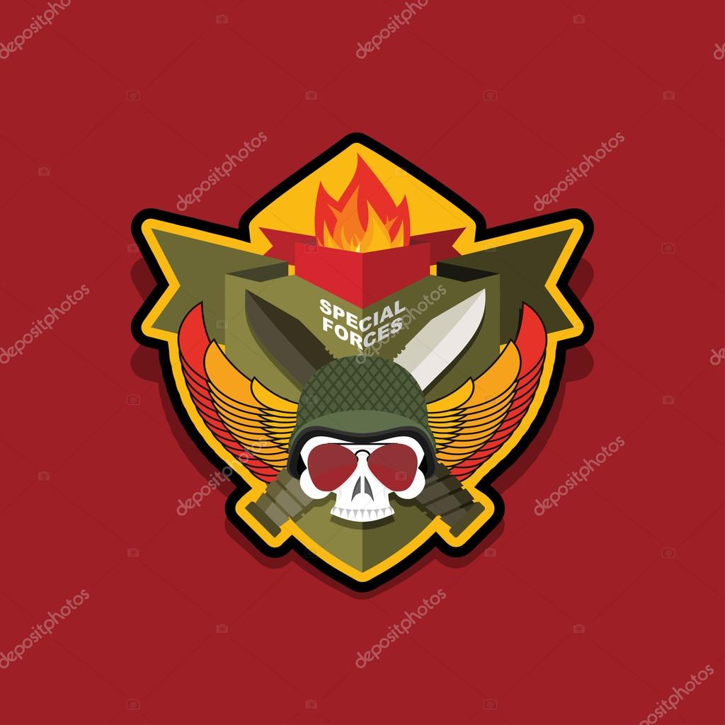 Special forces emblem. Military logo embroidery. Skull helmet with machine guns. Shield with wings. Emblem for troops