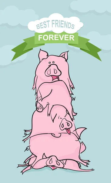 Meilleurs amis pour toujours. Funny Pig. Animaux d'élevage sur fond bleu — Image vectorielle