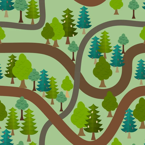 Schema foresta senza soluzione di continuità. Sentieri dei cartoni animati e sfondo alberi — Vettoriale Stock