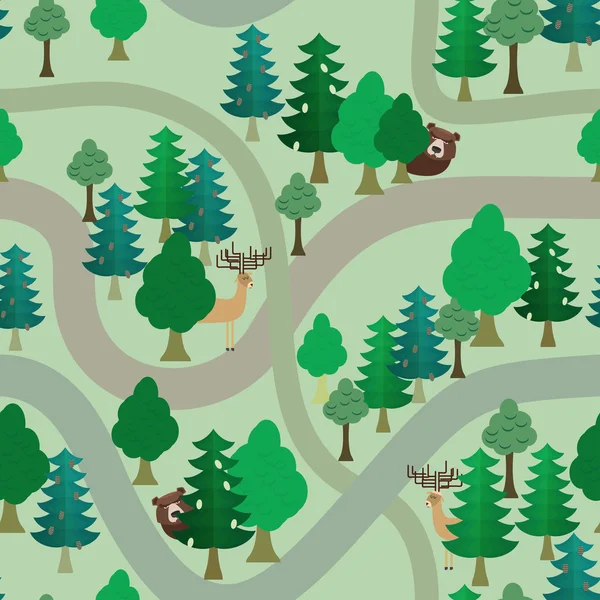 森林ベクターのシームレスなパターン。熊や鹿の木立。トレイル — ストックベクタ
