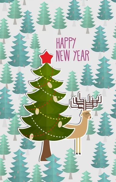 Árbol de Navidad en el bosque y ciervos. Tarjeta de felicitación para Navidad a — Vector de stock