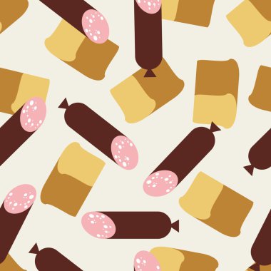 Dikişsiz desen sosis ve ekmek. Gıda vektör arka plan