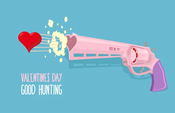 Αγάπη όπλο. Ημέρα του Αγίου Βαλεντίνου. Πιστόλι εκτοξεύει στην καρδιά. Καλό κυνήγι. Vec — Διανυσματικό Αρχείο