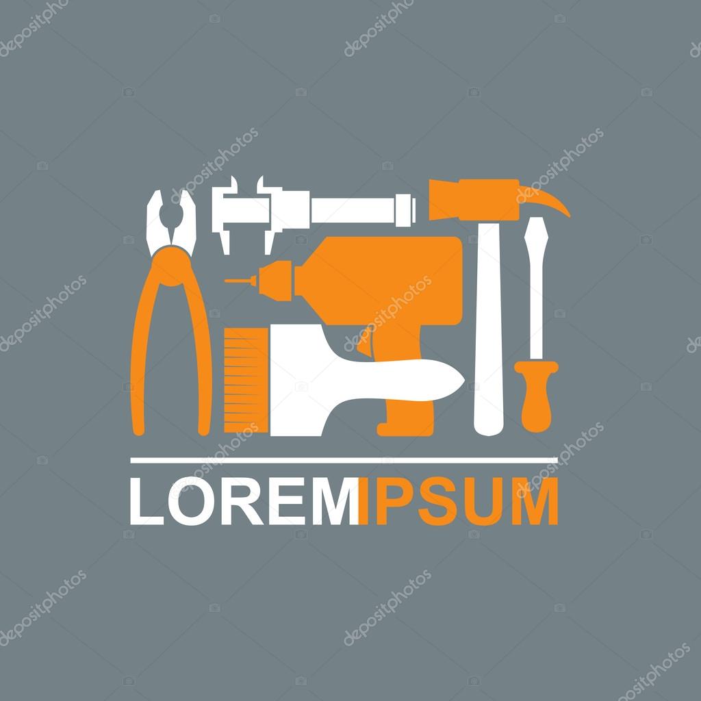 Logo of Construction tools. Carpentry tools to master. Pliers, screwdriver, drill, hammer, brush. Template conceptual Tool shop. Vector illustration