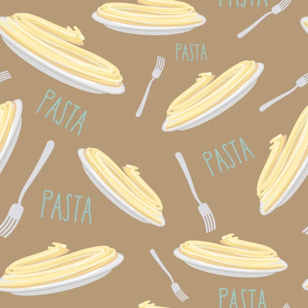 Pasta Seamless mönster. Tallrik med nudlar och gaffel. Vektor illustrationer — Stock vektor
