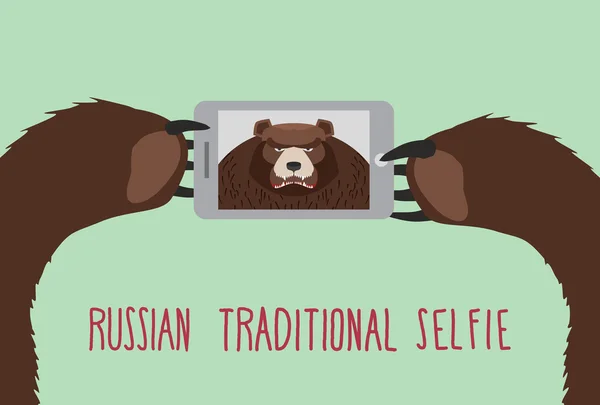 Русская традиция селфи. Медведь фотографирует себя . — стоковый вектор