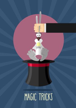 Sihir numarası. Sihirbaz holding tavşan kulakları tarafından. Şapka magi tavşan