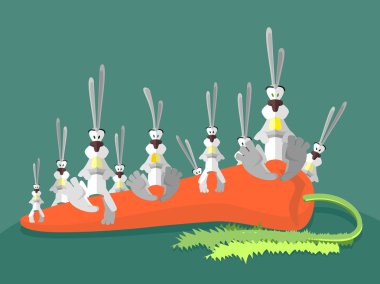 Rabbits and carrots. Many Happy hares sit on large carrots. Vect clipart