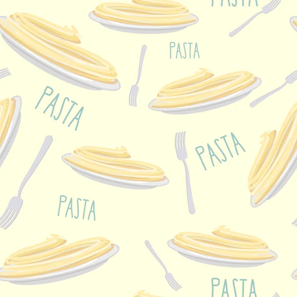 Pasta Seamless mönster. Tallrik med nudlar och gaffel. — Stock vektor