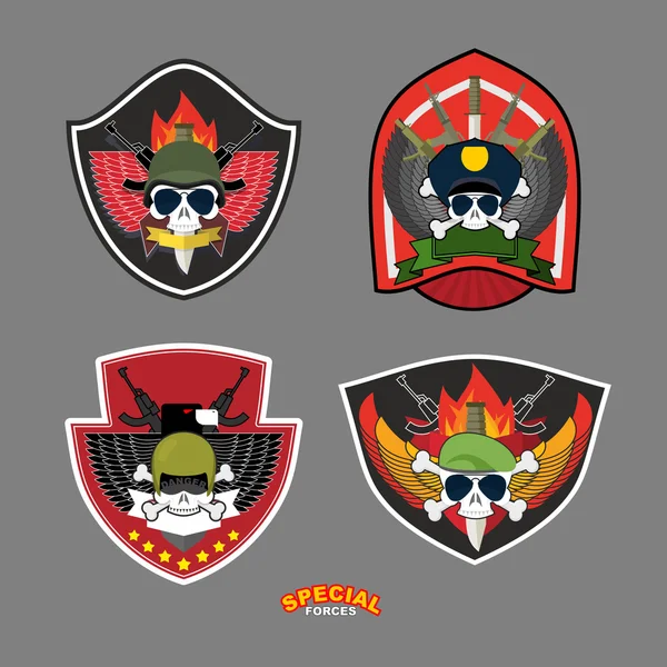 Conjunto de etiquetas militares y armadas logotipo. Ilustración vectorial. Calavera , — Vector de stock