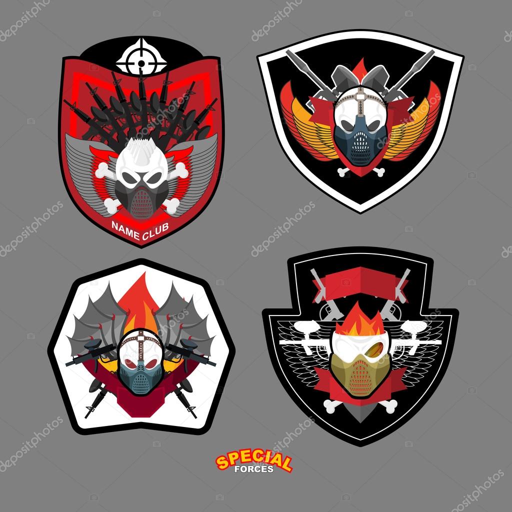 Army emblem set. Special forces patch with skull and guns. Vector illustratio