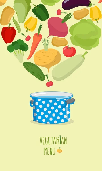 Vegetarian menu. Cook vegetables in the pan. Vegetables come cra — Stock Vector