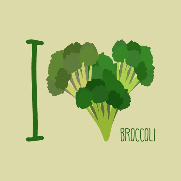 Adoro i broccoli. Cuore di broccoli verdi. Illustrazione vettoriale — Vettoriale Stock