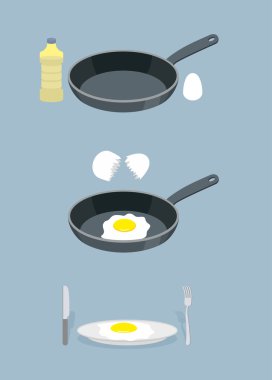 Sahanda yumurta pişirme Kılavuzu. Fry omlet. Kızartma tavası ve bir b