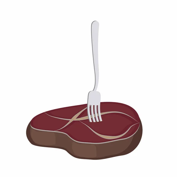 맛있다는 스테이크 백색 backgr에 포크에 볶은 고기 조각 — 스톡 벡터