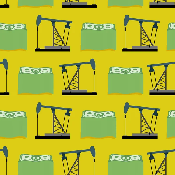 Oil rig and a bundle of money seamless pattern. Vector rich back — Stock Vector