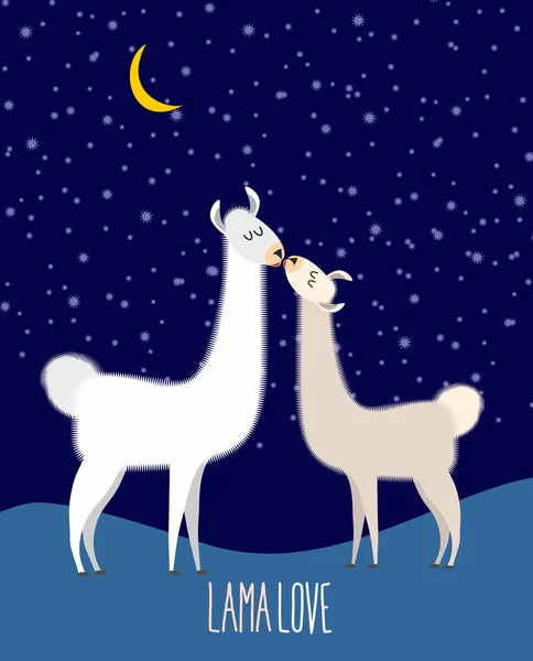 Llama Alpaca. Dois lama bonito Beijo à noite sob o céu estrelado — Vetor de Stock