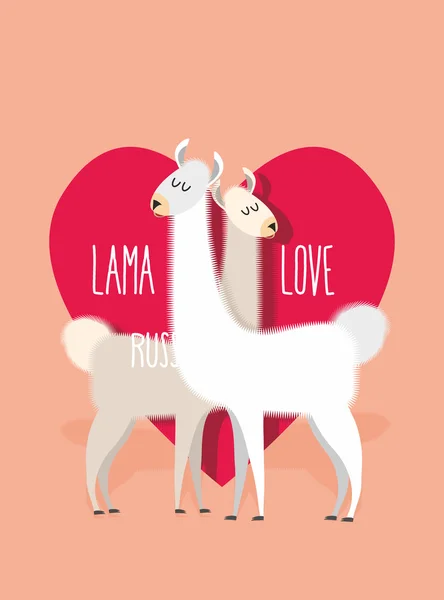 Lama love. Two Llama Alpaca on ackground of   heart. Greeting ca — Stock Vector