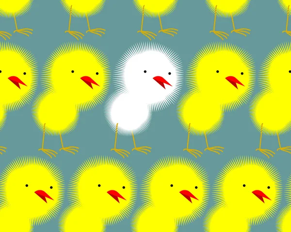 Yellow Chickens stand in a row and among them one white chick. N — Stock Vector