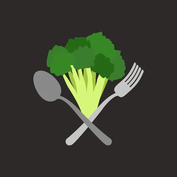 Vegetarian logo. Broccoli with a fork and spoon. Vector emblem — Stock Vector