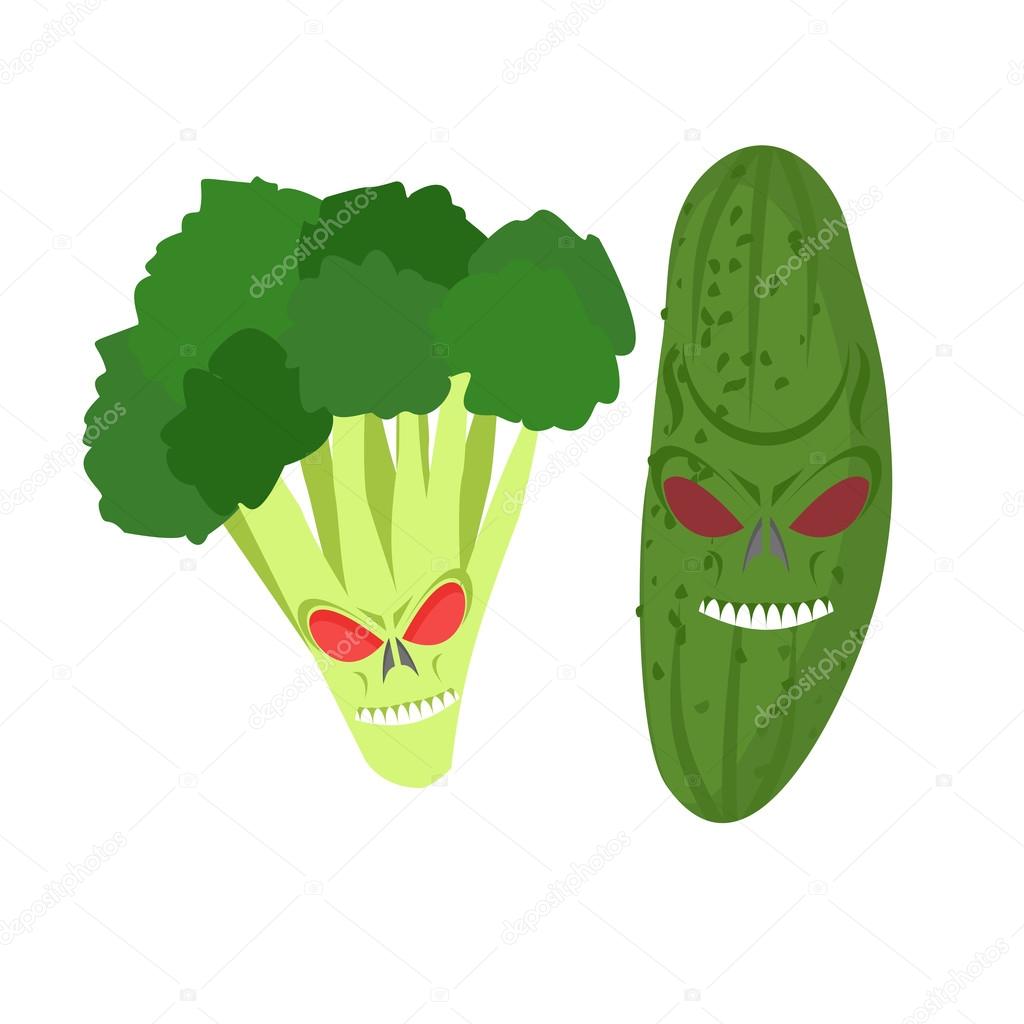 angry vegetables. Wicked cucumber. Ferocious broccoli. Vector il